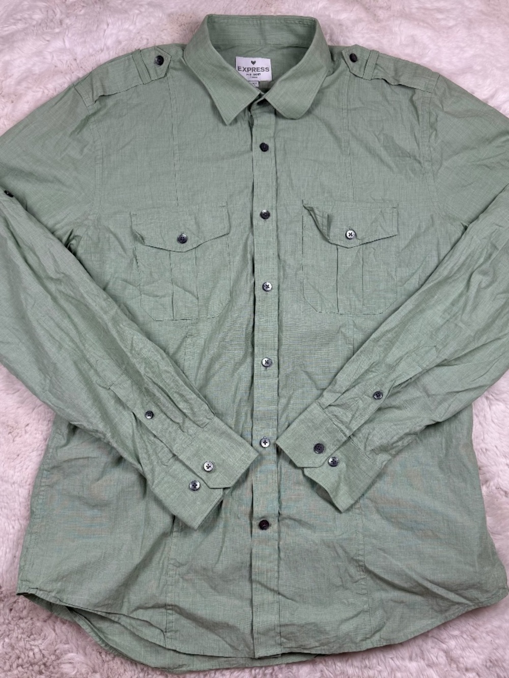 Express MK2 Fitted Men's Button Up Dress Shirt Light Green Large 16-16.5